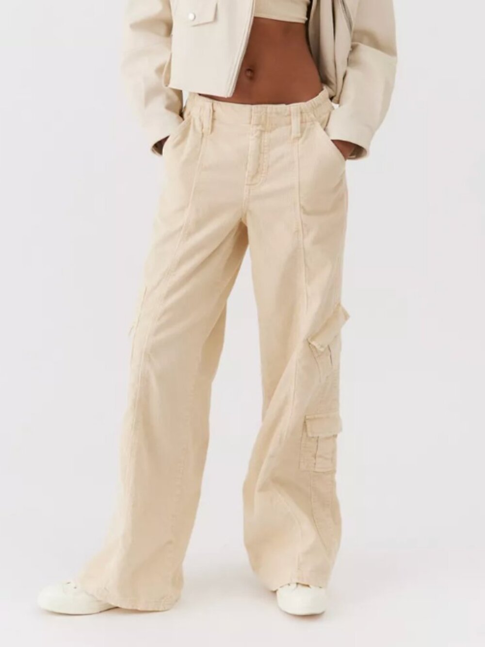BDG Urban Outfitters Y2K Corduroy Cargo Pants Beige Cream Baggy Wide Leg Size M